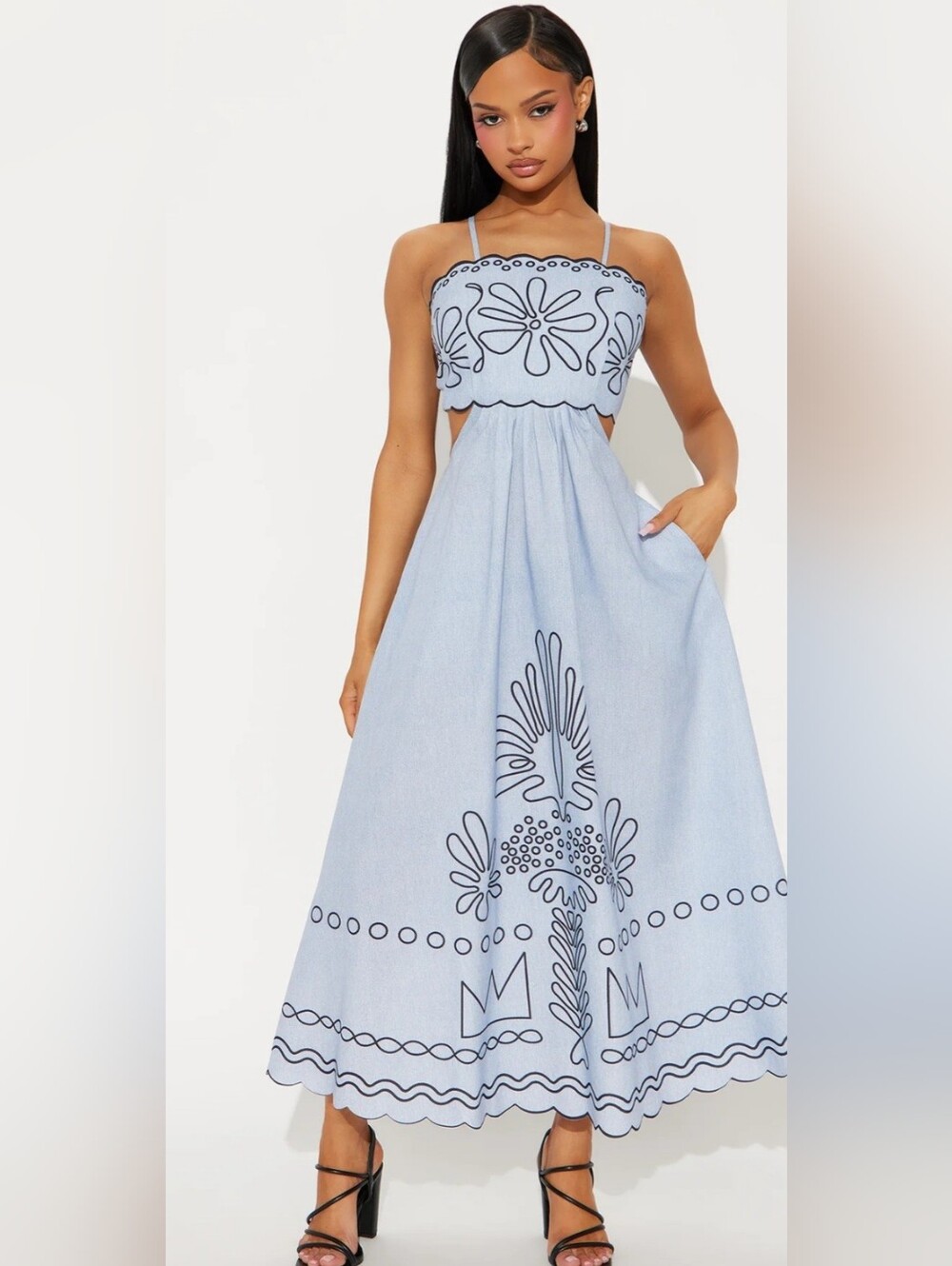 Light Blue Embroidered Maxi Dress with Spaghetti Straps. Fashion NOVA. NWT